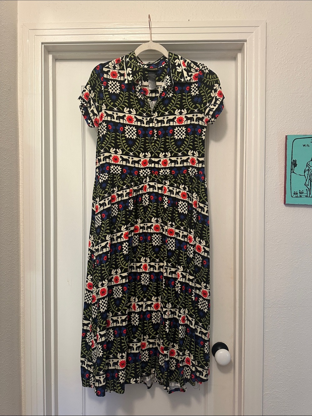 Nooworks Short-Sleeve Floral & Geometric Midi Dress — Navy, Green & Red